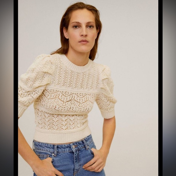 Mango Sweaters - Mango Open knit Cotton Puff Sleeve Sweater